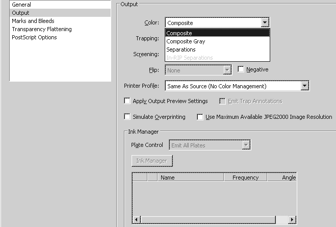 Параметри спуску PDF в композитний та сепарований варіант постскріпта - Adobe Acrobat Professional