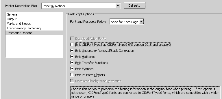 Розширені опції дял постскрипта при збереженні PDF в ps для Adobe Acrobat Professional