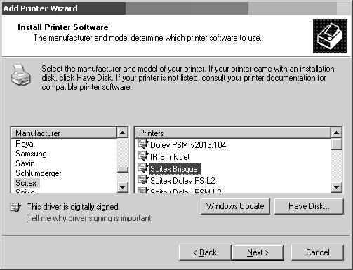 Вибираєм постскриптовий принтер Scitex Brisque - Windows