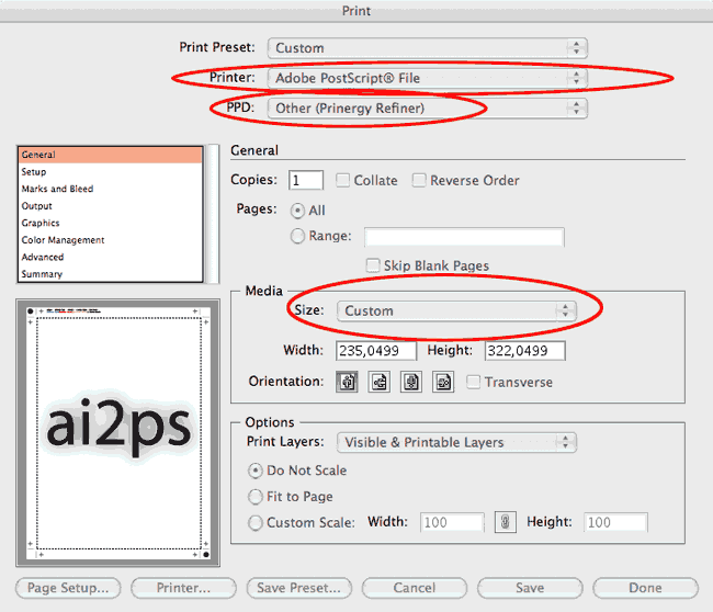 ai2ps Adobe Illustrator Print General Dialog