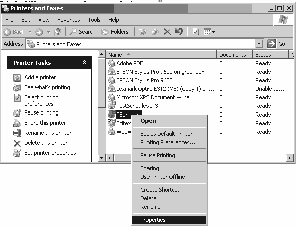 Властивості постскрипт принтера - Windows