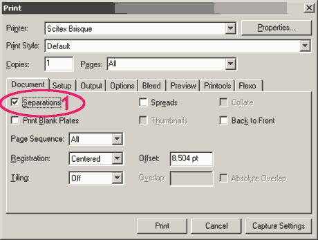 Quark Express 5 - генерація сепарованого постскрипта, закладка Document