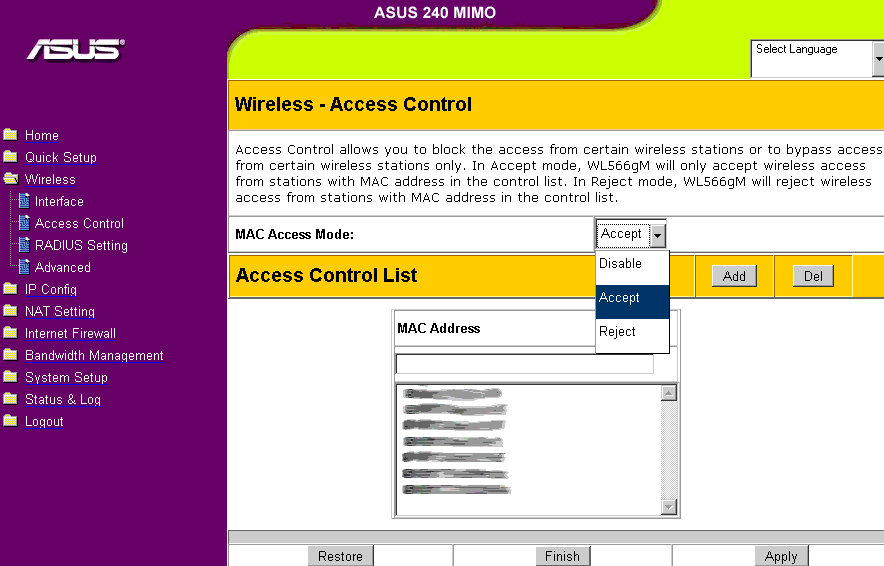 wl566 acl налагодження списку доступів до безпровідної мережі